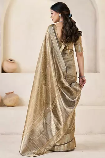 Soft linen cotton silk blend saree with gold zari weaving