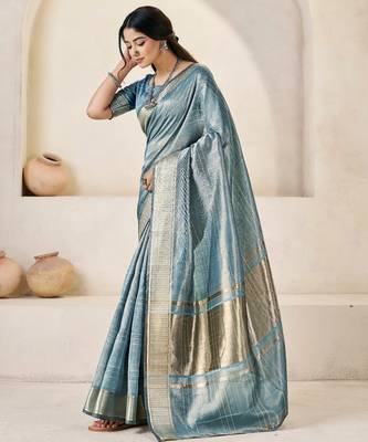 Soft linen cotton silk blend saree with gold zari weaving 1