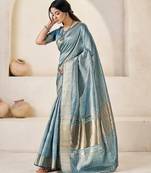 Soft linen cotton silk blend saree with gold zari weaving