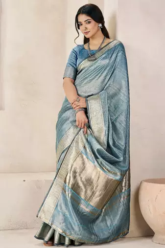 Soft linen cotton silk blend saree with gold zari weaving