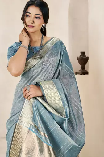 Soft linen cotton silk blend saree with gold zari weaving