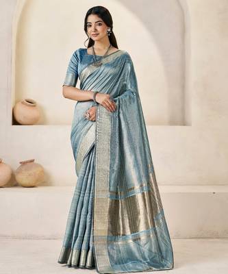 Soft linen cotton silk blend saree with gold zari weaving 4