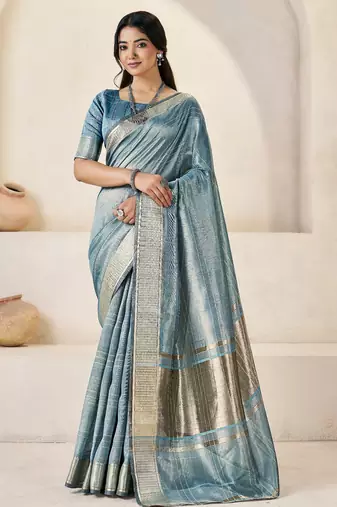 Soft linen cotton silk blend saree with gold zari weaving