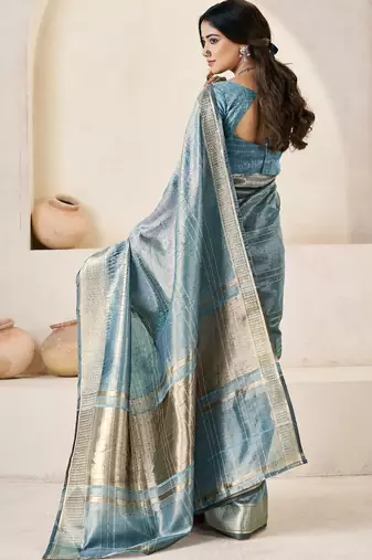 Soft linen cotton silk blend saree with gold zari weaving