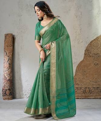 Soft linen cotton silk blend saree with gold zari weaving 1