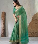 Soft linen cotton silk blend saree with gold zari weaving