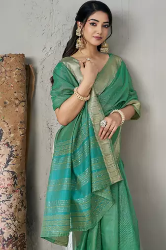 Soft linen cotton silk blend saree with gold zari weaving