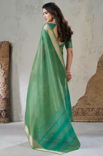 Soft linen cotton silk blend saree with gold zari weaving