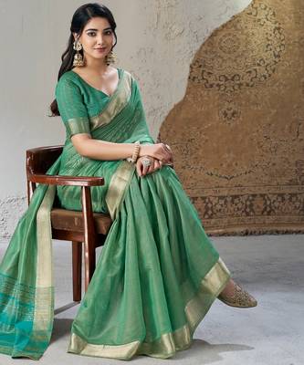 Soft linen cotton silk blend saree with gold zari weaving 5