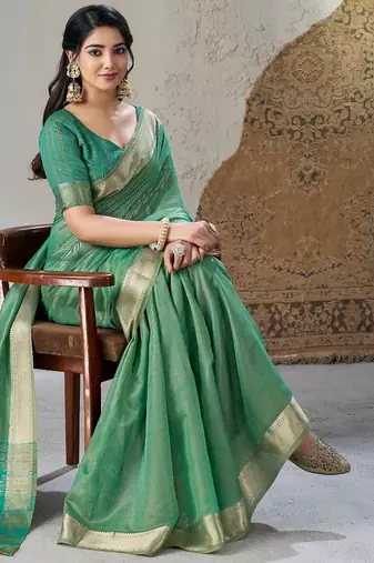 Soft linen cotton silk blend saree with gold zari weaving