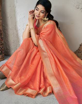 Soft linen cotton silk blend saree with gold zari weaving 1