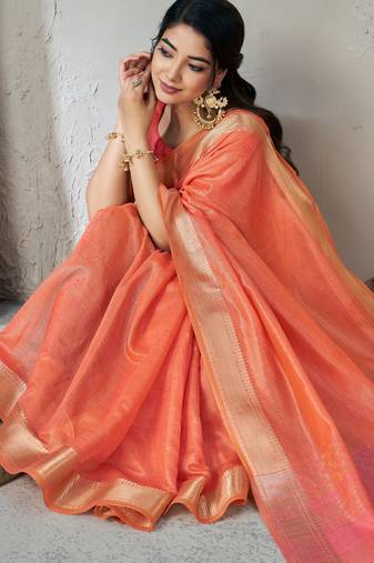 Soft linen cotton silk saree with gold zari weaving | elegant party & wedding wear saree