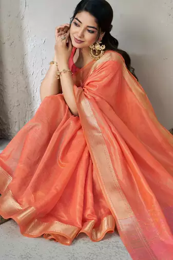 Soft linen cotton silk saree with gold zari weaving | elegant party & wedding wear saree