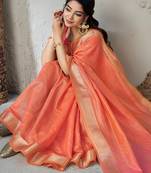 Soft linen cotton silk blend saree with gold zari weaving