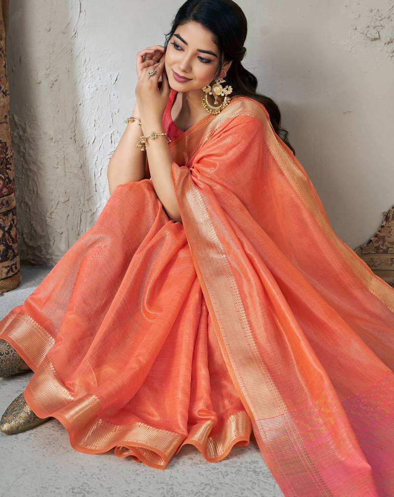 Soft linen cotton silk saree with gold zari weaving | elegant party & wedding wear saree