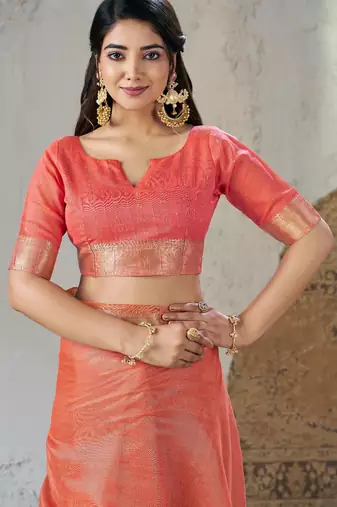 Soft linen cotton silk blend saree with gold zari weaving