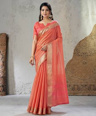 Soft linen cotton silk blend saree with gold zari weaving 3