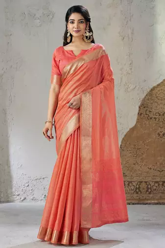 Soft linen cotton silk blend saree with gold zari weaving
