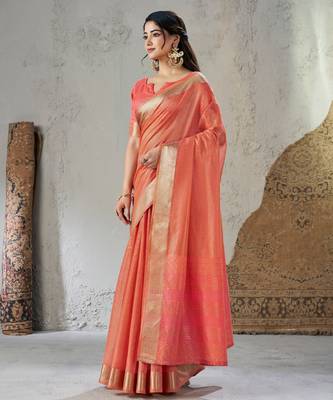 Soft linen cotton silk blend saree with gold zari weaving 4