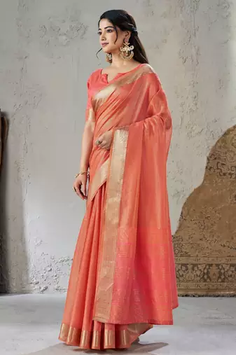 Soft linen cotton silk blend saree with gold zari weaving