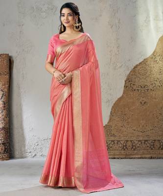 Soft linen cotton silk blend saree with gold zari weaving 1