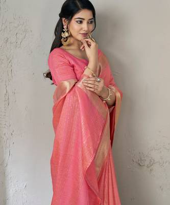 Soft linen cotton silk blend saree with gold zari weaving 2
