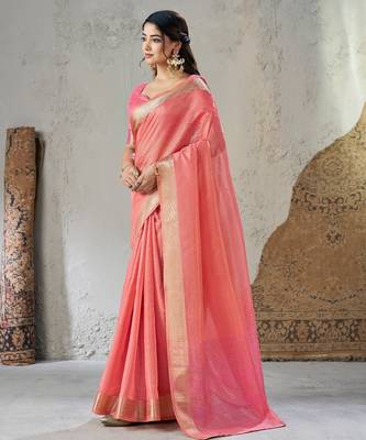 Soft linen cotton silk blend saree with gold zari weaving 3