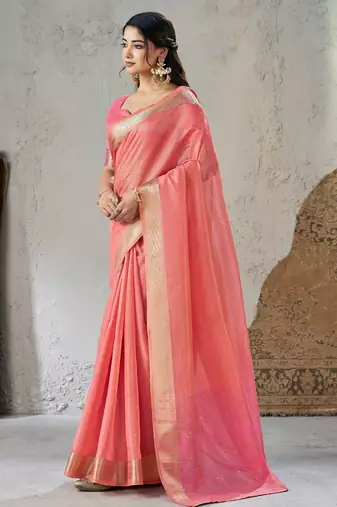 Soft linen cotton silk blend saree with gold zari weaving