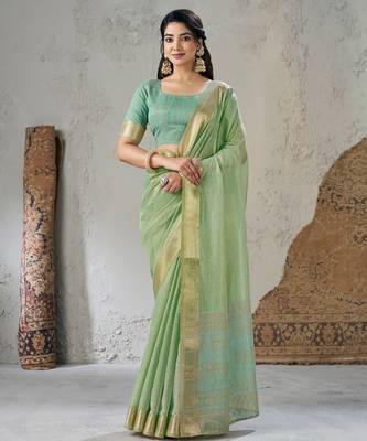 Soft linen cotton silk blend saree with gold zari weaving 1