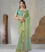 Soft linen cotton silk blend saree with gold zari weaving