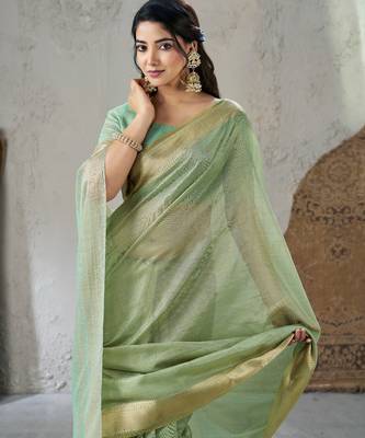 Soft linen cotton silk blend saree with gold zari weaving 2