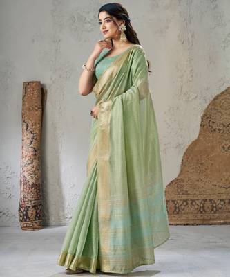 Soft linen cotton silk blend saree with gold zari weaving 3