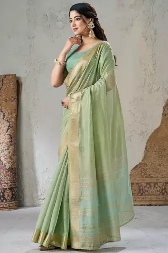 Soft linen cotton silk blend saree with gold zari weaving