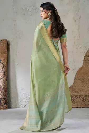 Soft linen cotton silk blend saree with gold zari weaving