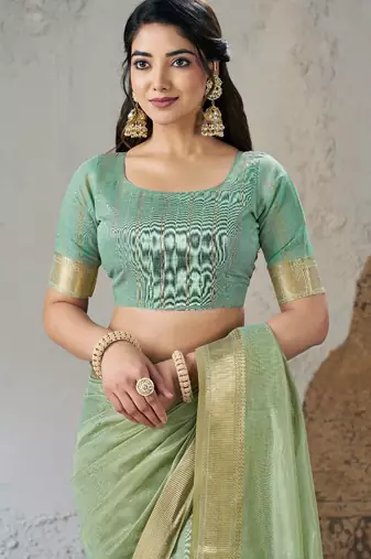 Soft linen cotton silk blend saree with gold zari weaving