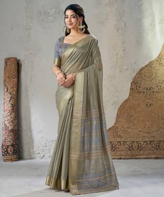 Soft linen cotton silk blend saree with gold zari weaving 1
