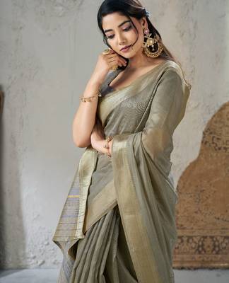 Soft linen cotton silk blend saree with gold zari weaving 2