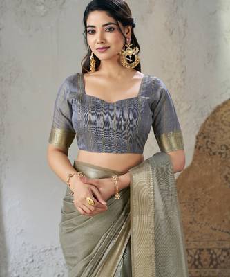 Soft linen cotton silk blend saree with gold zari weaving 3