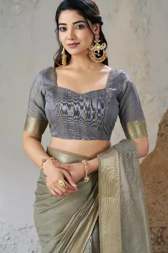 Soft linen cotton silk blend saree with gold zari weaving