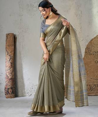 Soft linen cotton silk blend saree with gold zari weaving 5