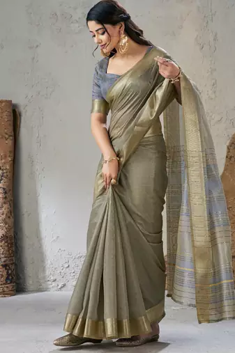 Soft linen cotton silk blend saree with gold zari weaving