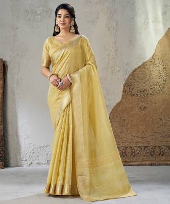 Soft linen cotton silk blend saree with gold zari weaving 1