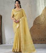 Soft linen cotton silk blend saree with gold zari weaving