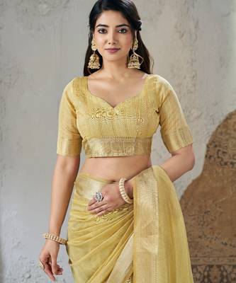 Soft linen cotton silk blend saree with gold zari weaving 2