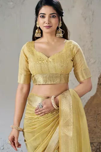 Soft linen cotton silk blend saree with gold zari weaving