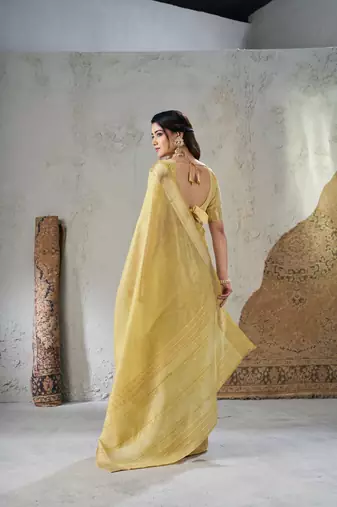 Soft linen cotton silk blend saree with gold zari weaving