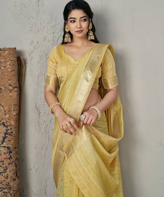 Soft linen cotton silk blend saree with gold zari weaving 4