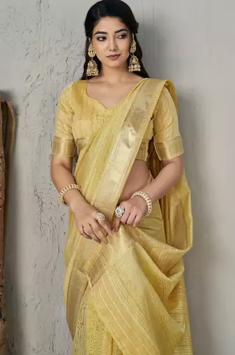Soft linen cotton silk blend saree with gold zari weaving