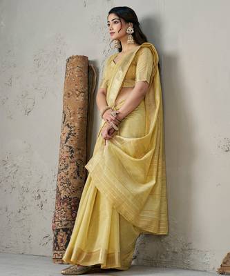 Soft linen cotton silk blend saree with gold zari weaving 5