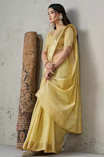 Soft linen cotton silk blend saree with gold zari weaving